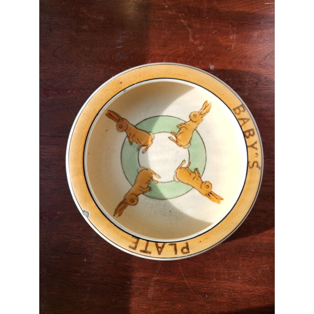 Roseville Bunnies, Childs Plate Baby Bowl, weighted & enamel Antique
